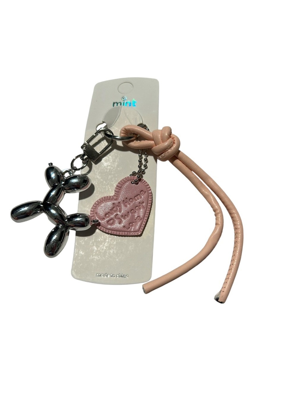 Mint Pink Leather Knot Keyring with Silver Balloon Dog & Heart Charm